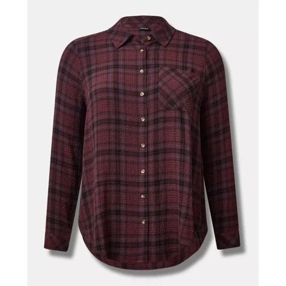 Torrid Lizzie Crinkle Flannel Gauze Button Up Tunic Red Plaid Plus Size 3 3X - Picture 8 of 10